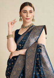 Blue Satin Silk Saree With Blouse