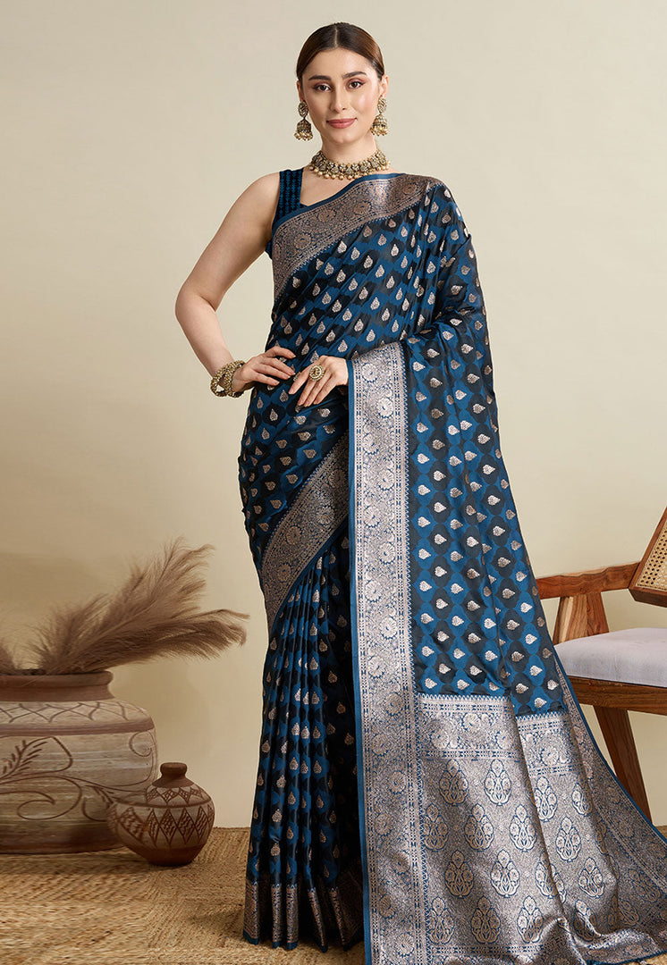 Blue Satin Silk Saree With Blouse
