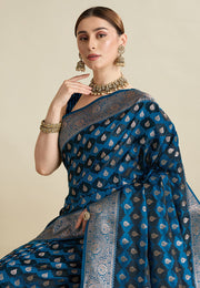 Blue Satin Silk Saree With Blouse