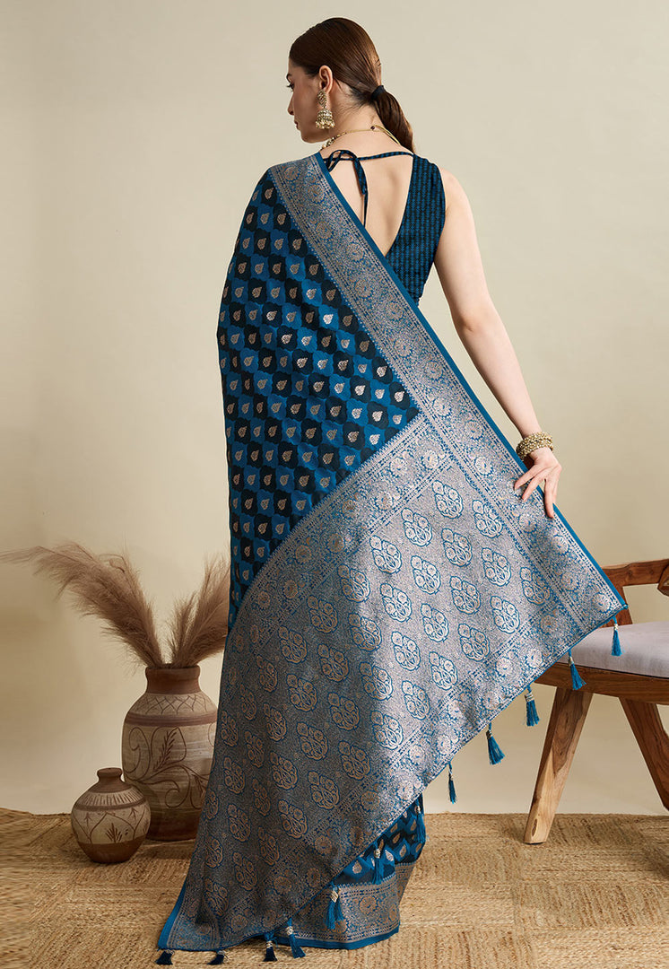 Blue Satin Silk Saree With Blouse