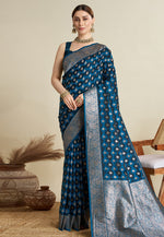 Load image into Gallery viewer, Blue Satin Silk Saree With Blouse
