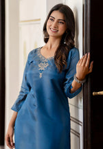 Load image into Gallery viewer, Blue Shimmer Long Kurti
