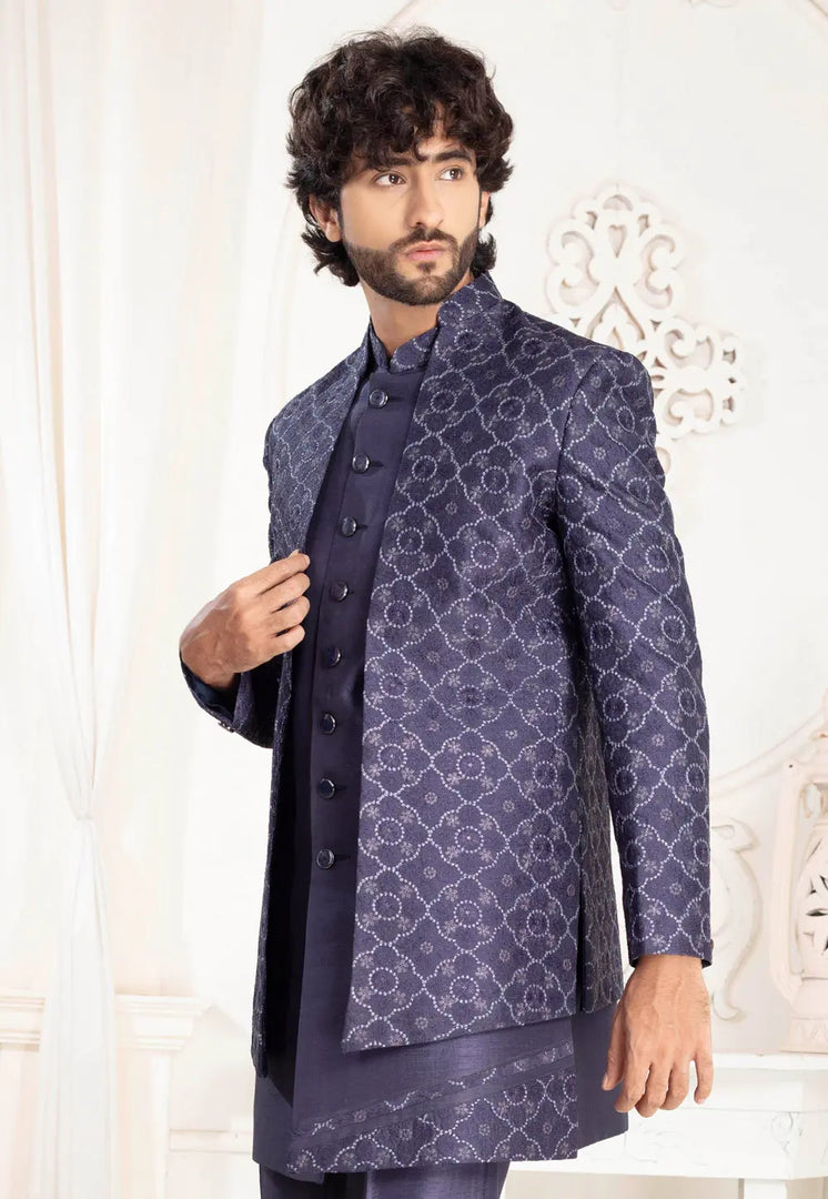 Blue Silk Jacket Style Sherwani