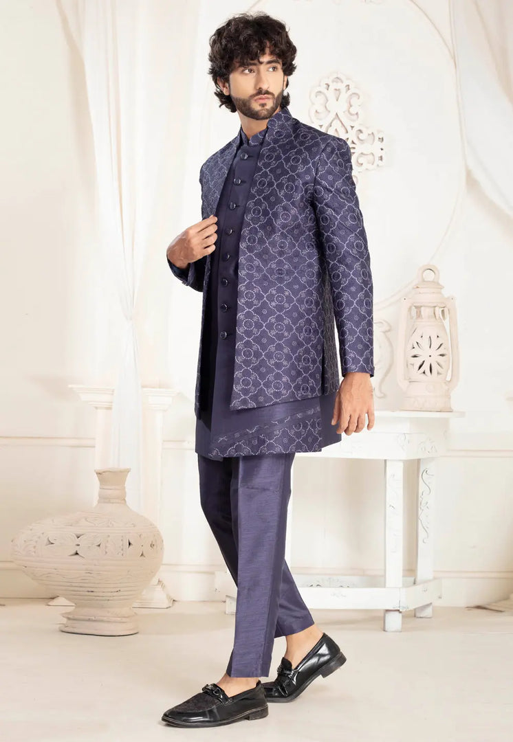 Blue Silk Jacket Style Sherwani