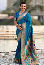 Load image into Gallery viewer, Blue Silk Paithani Saree