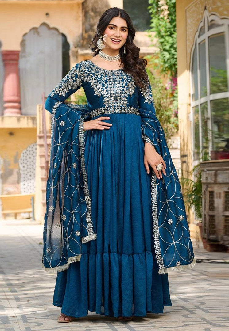 Blue Silk Readymade Anarkali Suit