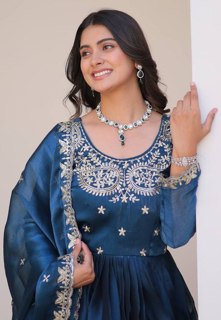 Blue Silk Readymade Long Anarkali Suit