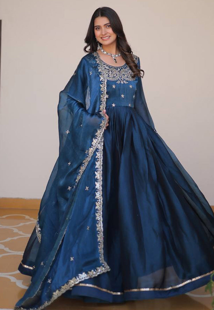 Blue Silk Readymade Long Anarkali Suit