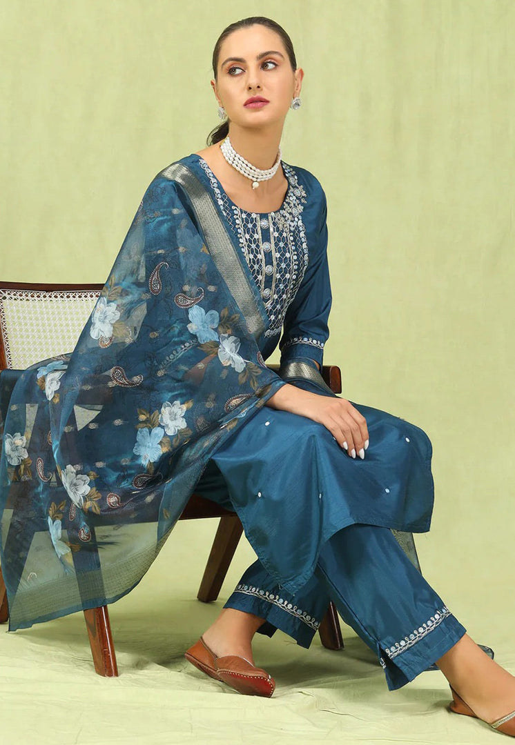 Blue Silk Readymade Pakistani Suit