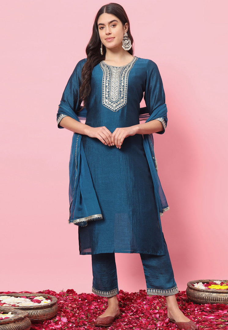 Blue Silk Readymade Pakistani Suit
