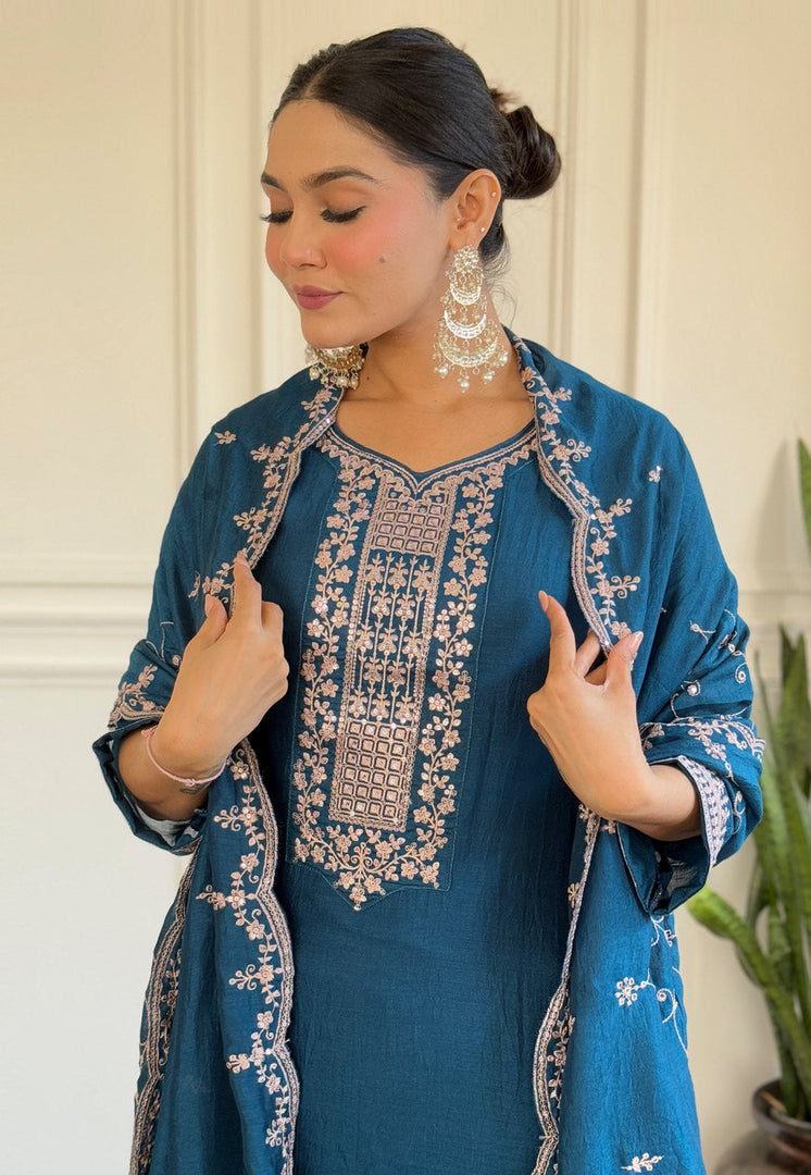 Blue Silk Readymade Pant Style Suit