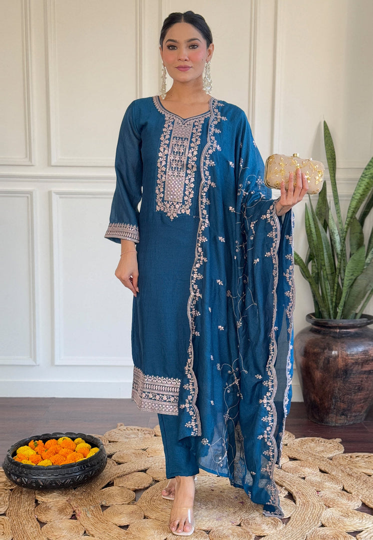Blue Silk Readymade Pant Style Suit