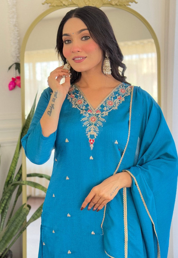 Blue Silk Readymade Pant Style Suit