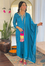 Load image into Gallery viewer, Blue Silk Readymade Pant Style Suit
