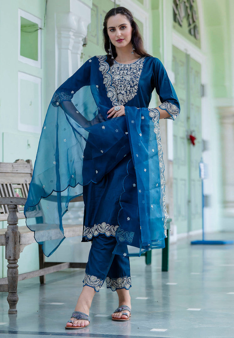 Blue Silk Readymade Pant Style Suit