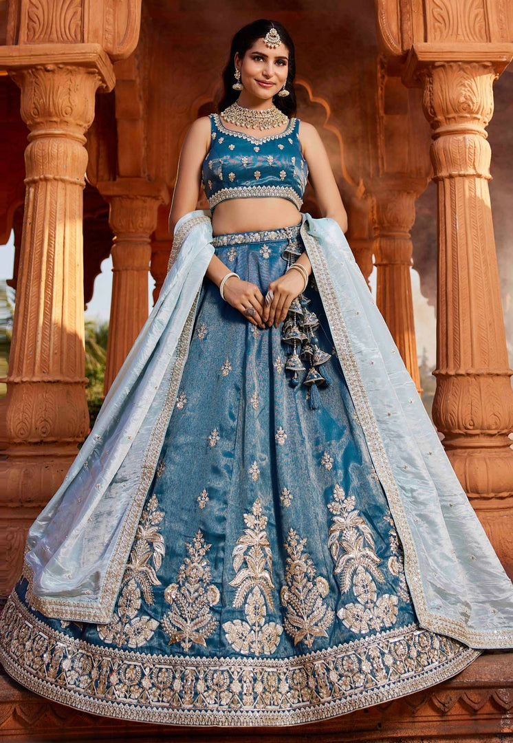 Blue Tissue Lehenga Choli For Wedding
