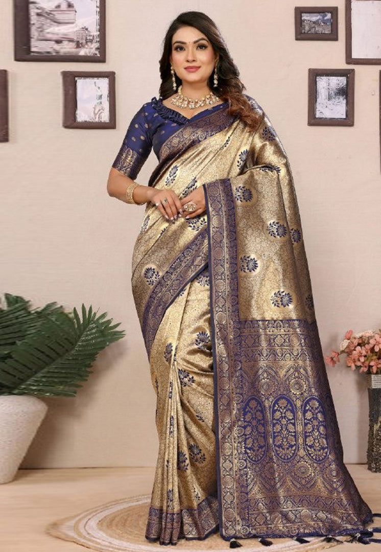 Blue Tissue Silk Saree With Blouse