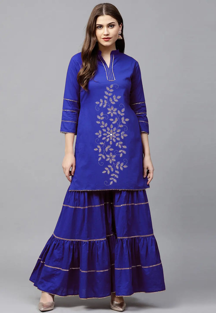 Blue Velvet Kurta Set With Palazzo