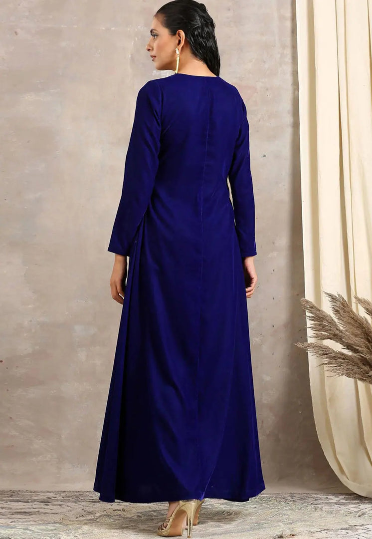 Blue Velvet Kurta Set With Pent