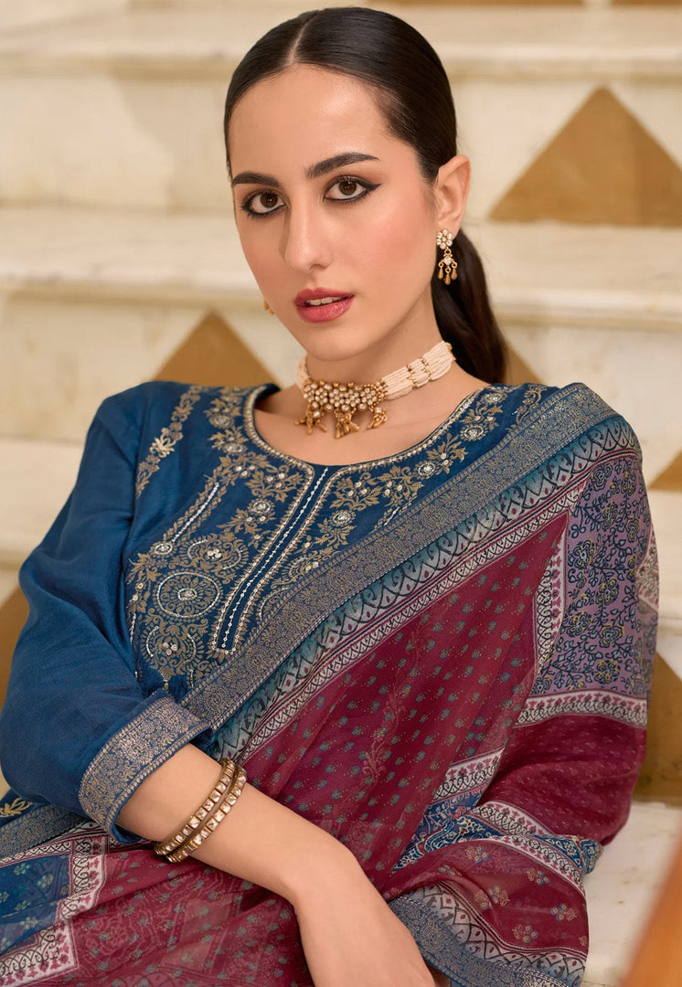 Blue Viscose Jacquard Readymade Pakistani Suit