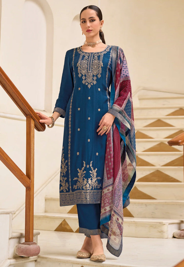 Blue Viscose Jacquard Readymade Pakistani Suit