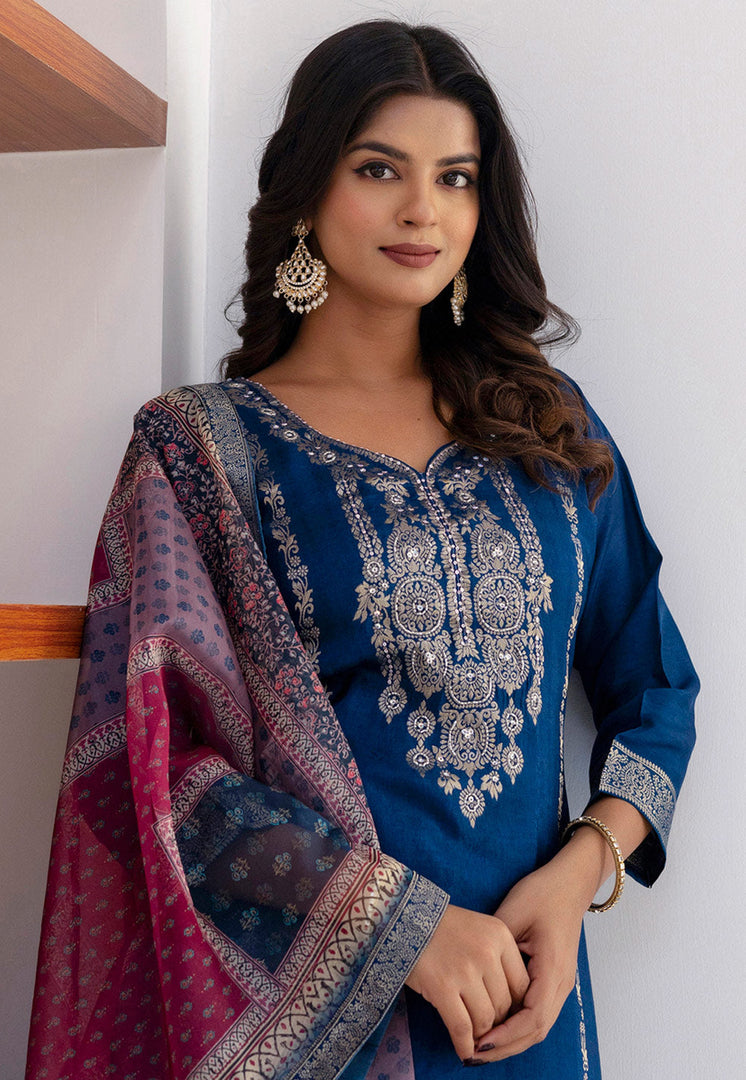 Blue Viscose Jacquard Readymade Pakistani Suit