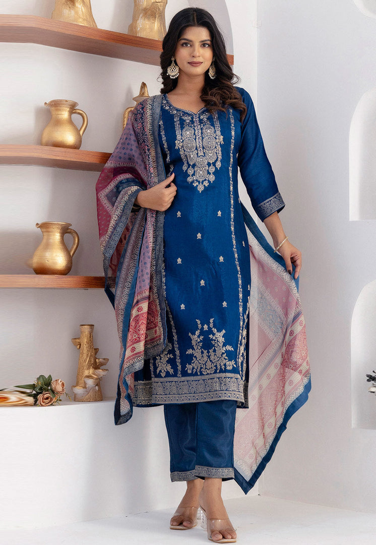 Blue Viscose Jacquard Readymade Pakistani Suit