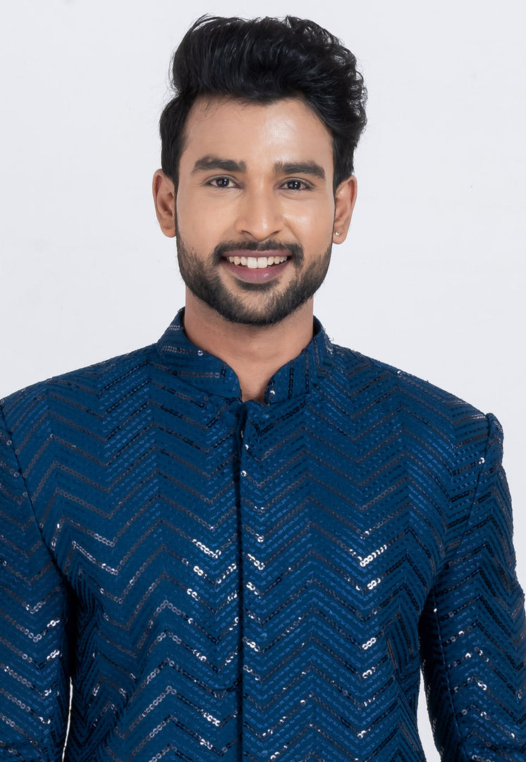 Blue Viscose Rayon Indo Western Suit