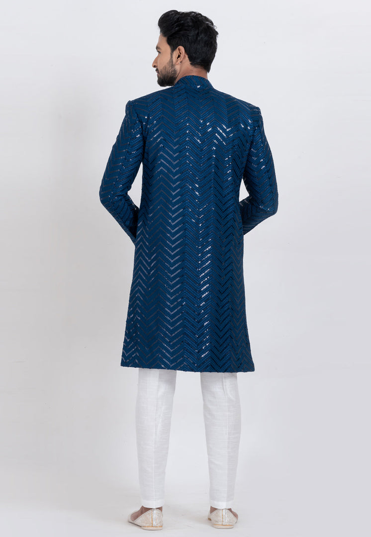 Blue Viscose Rayon Indo Western Suit