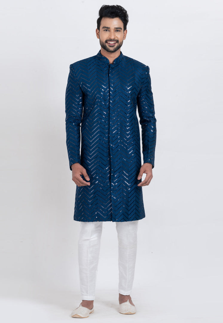 Blue Viscose Rayon Indo Western Suit