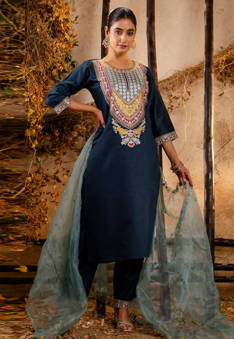Blue Viscose Rayon Readymade Pant Style Suit