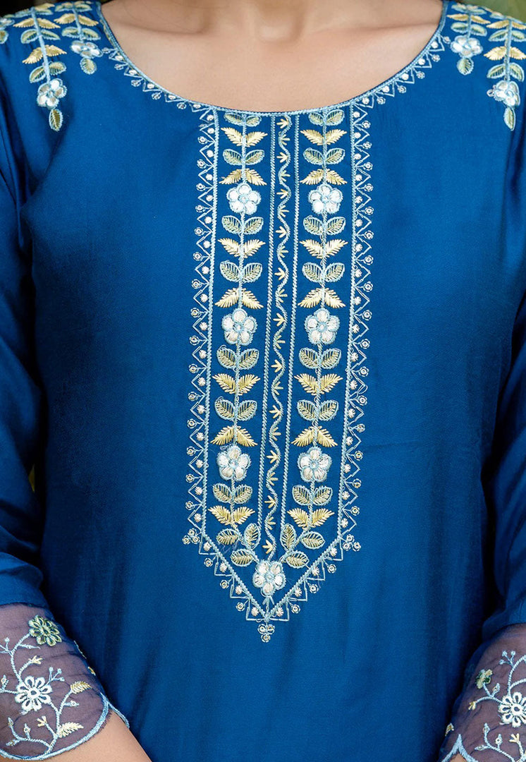 Blue Viscose Readymade Pant Style Suit