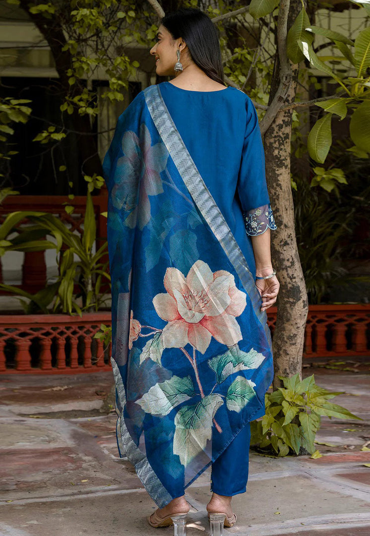Blue Viscose Readymade Pant Style Suit