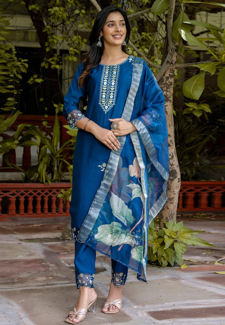 Blue Viscose Readymade Pant Style Suit