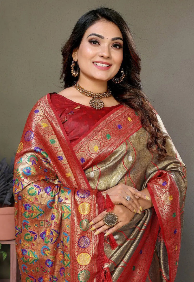 Brown Banarasi Silk Saree With Blouse
