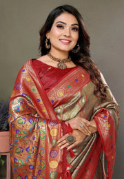 Brown Banarasi Silk Saree With Blouse