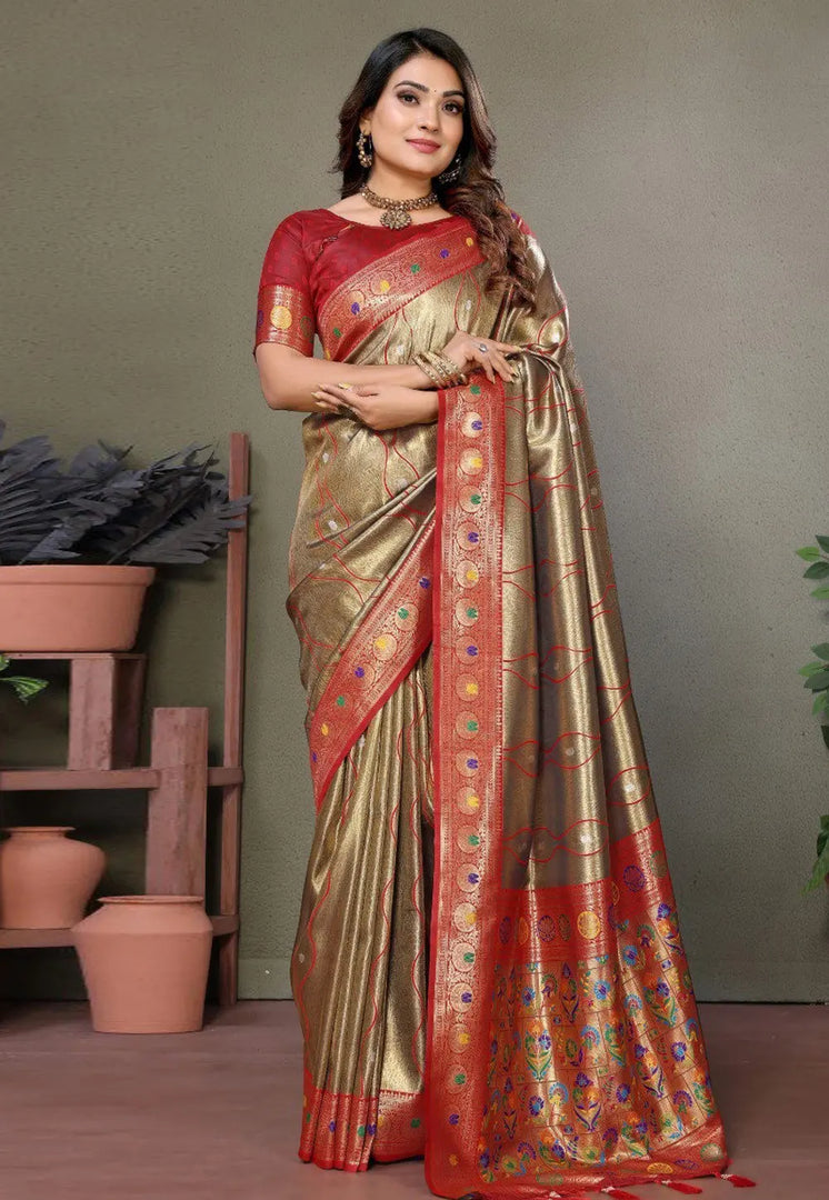 Brown Banarasi Silk Saree With Blouse