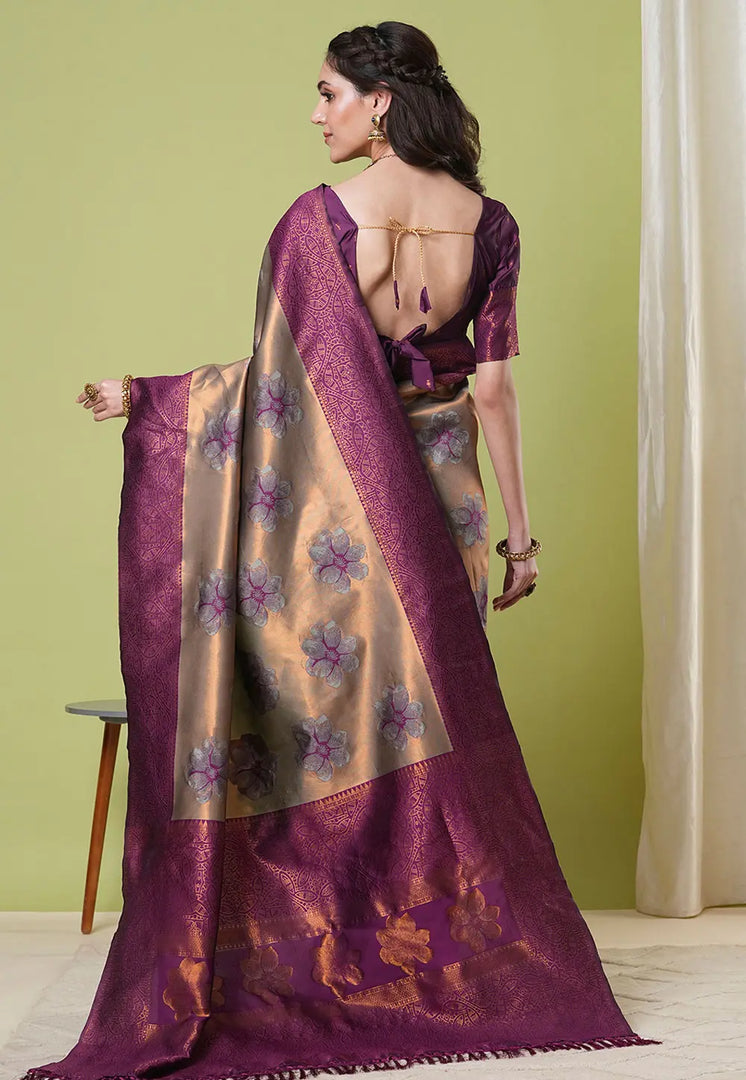Brown Banarasi Silk Saree With Blouse