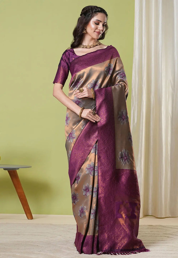 Brown Banarasi Silk Saree With Blouse