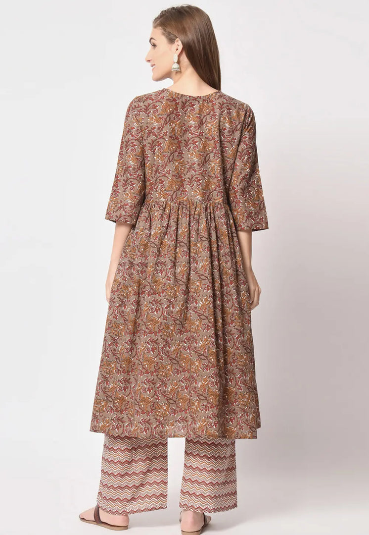 Brown Cotton Kurta Set With Palazzo
