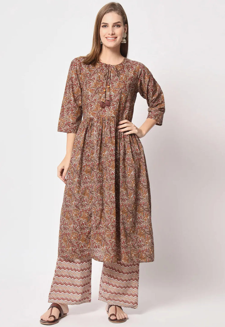 Brown Cotton Kurta Set With Palazzo