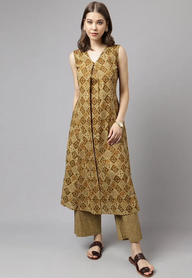 Brown Cotton Kurta Set With Palazzo