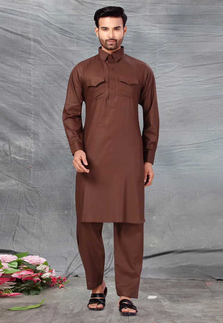 Brown Cotton Pathani Suit