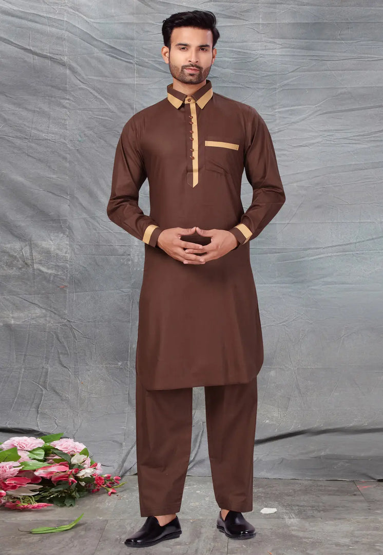 Brown Cotton Pathani Suit