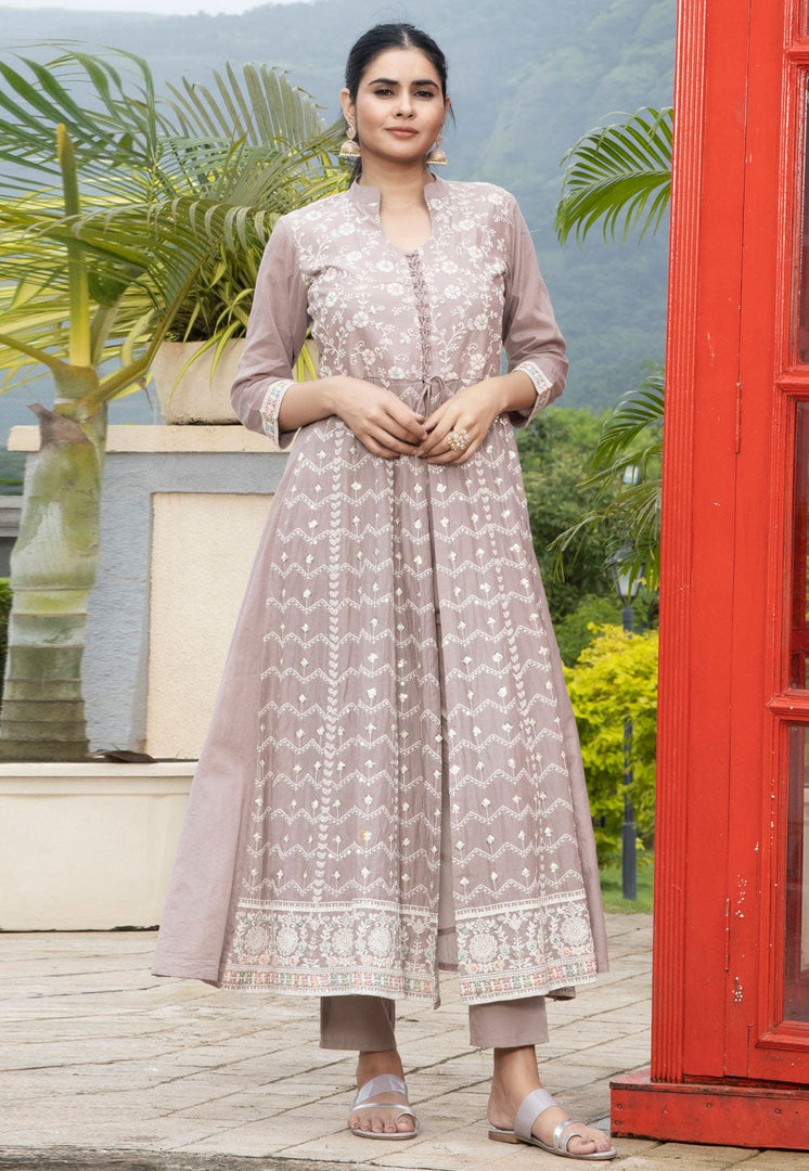 Brown Cotton Readymade Center Slit Anarkali Suit