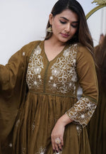 Load image into Gallery viewer, Brown Cotton Readymade Long Anarkali Suit
