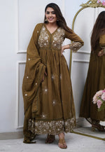 Load image into Gallery viewer, Brown Cotton Readymade Long Anarkali Suit
