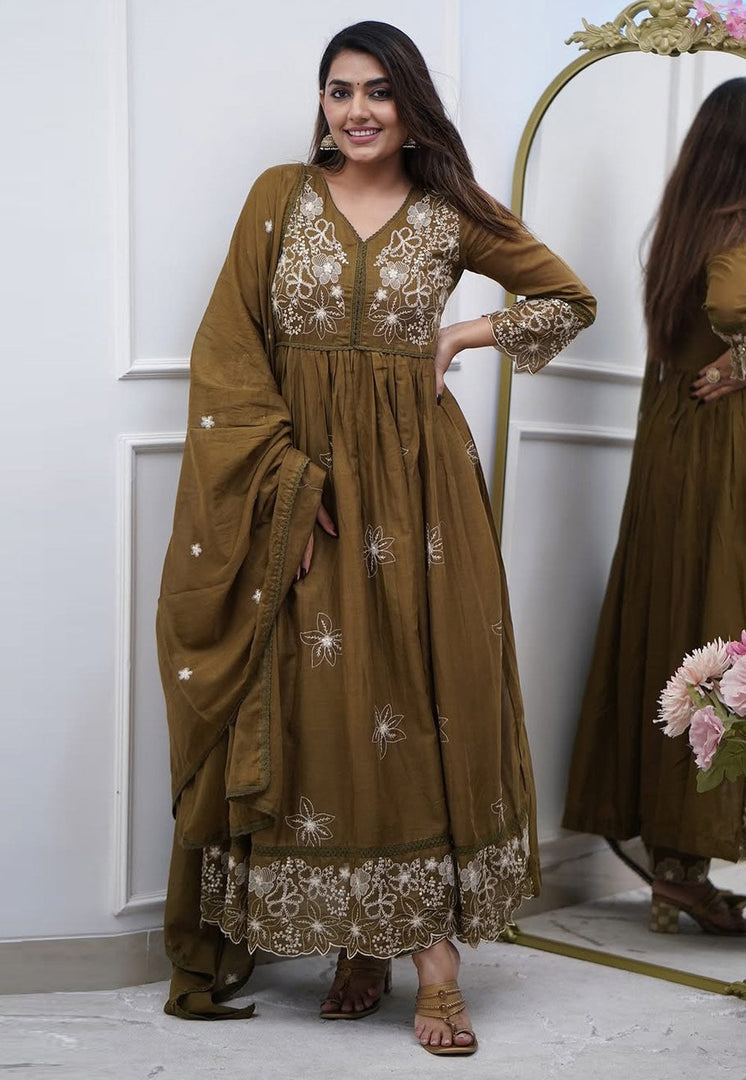 Brown Cotton Readymade Long Anarkali Suit