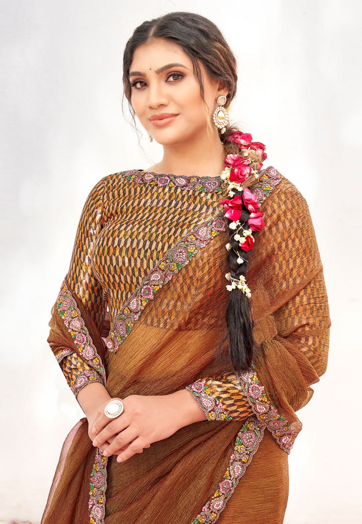 Brown Crepe Saree With Blouse