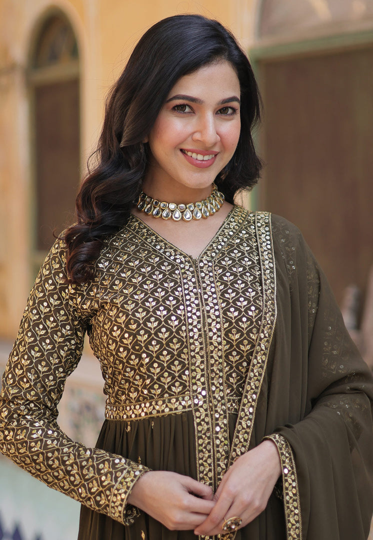 Brown Faux Georgette Readymade Anarkali Suit